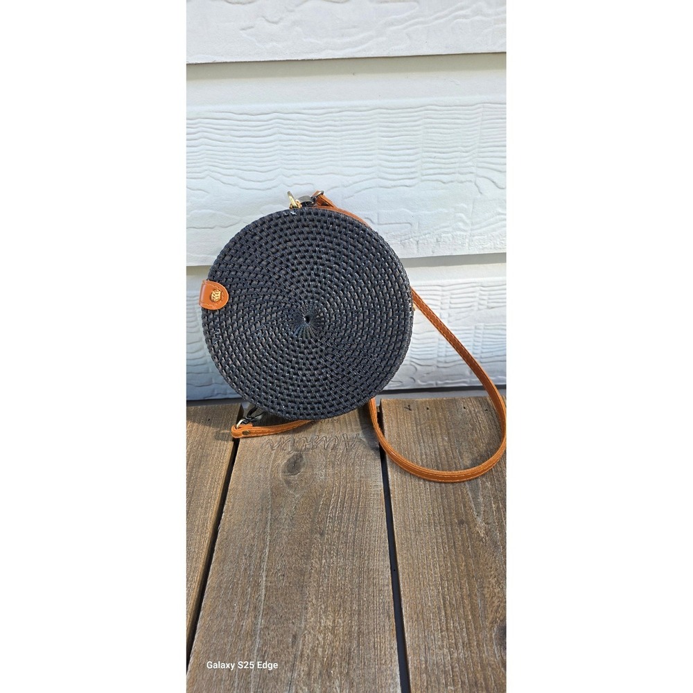 Anthropologie Black Rattan Round Crossbody Bag Woven Canteen Purse Strped Lining